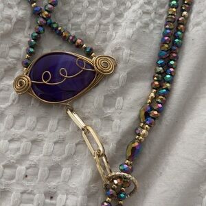Purple & Gold Accents Wire-Wrapped Tassel Necklace, Earrings Handmade, Long